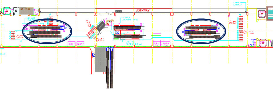 Passenger Mobility: Alternative 1 -- Simple. This screenshot shows added escalators to double capacity. Direction can be changed to suit flow.