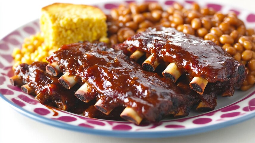 Spring 2025 Academic Case Study - Simio BBQ Pit Shop - Image of bbq ribs on a plate with baked beans and cornbread